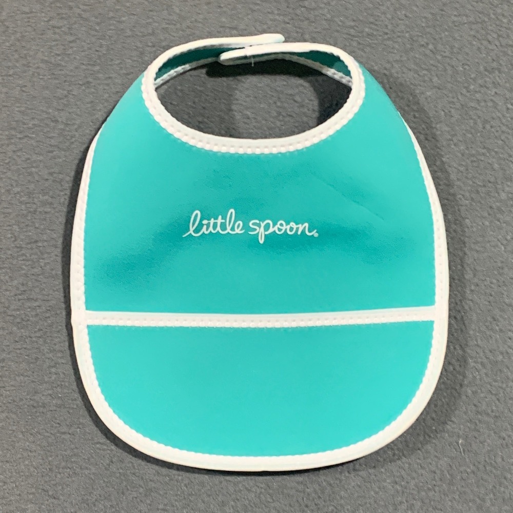 Little Spoon Stay Dry Neoprene 1Baby‎ Bib Feeding Teal White Pocket Snap Closure